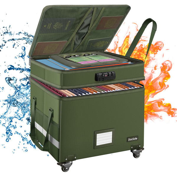DocSafe Collapsible 2-Layer Fireproof Document Box with Wheels, Green, 16"x13.8"x12.2", 46L, 35 Compartments, Lockable, Dust-Proof, Water-Resistant, For Hanging File Folders