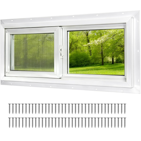 NeatiEase Basement Window, 24" x 12" Heavy Duty Vinyl Sliding Windows with Double Pane Insulated Tempered Glass and Fiberglass Screen for Basement, Bathroom, Garage, Shed, Home Replacement (White)