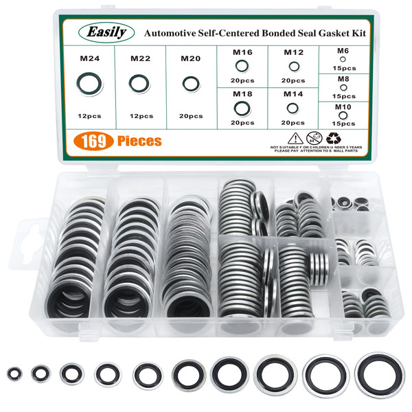 169PCS Automotive Self-Centered Bonded Seal/Gasket Assortment, Bonded Washer 10 Sizes, M6 to M24