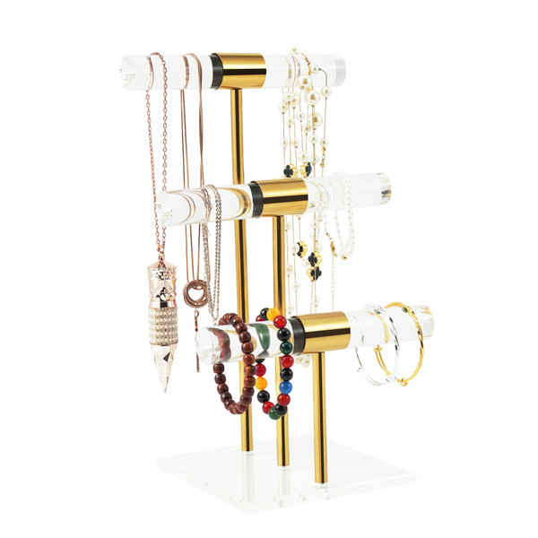 Tangle-free Bracelet Display Stands, Acrylic Jewelry Display Holder, Clear Gold Necklace Organizer with Stainless Rod, Women Men Vendors Retail Store Counter T-Bar Jewelry Hanging Stand (3 Tier)