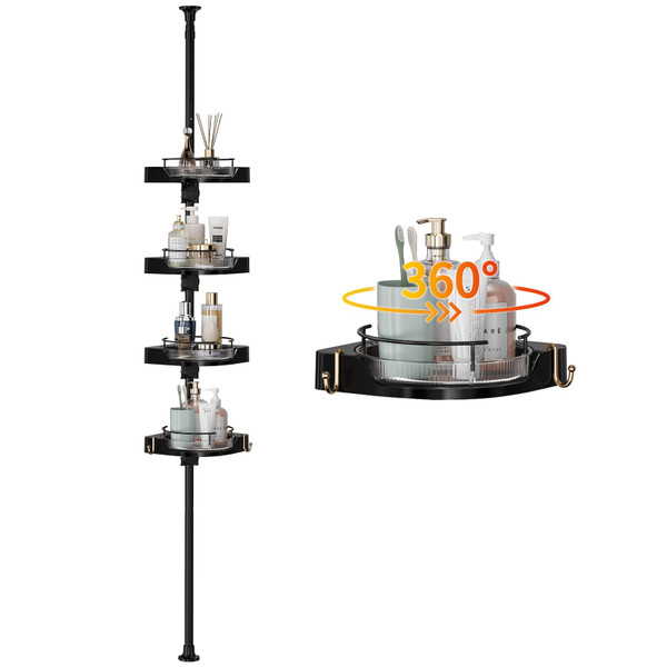 akinbas Tension Pole Shower Caddy with 4 L-Lazy Susan Organizer 360 Rotating 35-128 Inch No Drilling Floor Standing Shelves Adjustable Shower Rack for Bathroom Corner (Black)