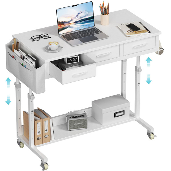 White Portable Rolling Computer Desk - 40 Inch Adjustable Mobile Standing Teacher Desks with 3 Fabric Drawers on Wheels, Couch Sofa Side Laptop Stand Up Table with Storage for Home Office, White