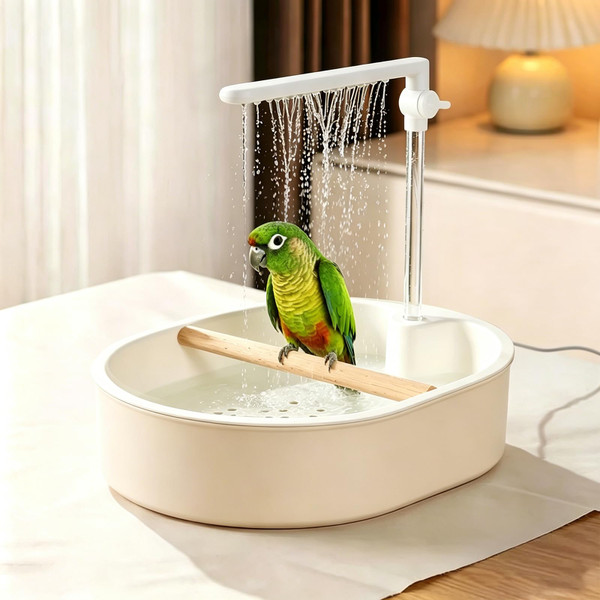 Parrot Bathtub,Bird Shower Parakeet Bath for Cage with Adjustable Water Flow Control Valve, Contains USB and Pump,Tarpaulin,for Pet Birds,Cockatiel,Budgie,Suitable for Many Kinds of Birds(Beige)