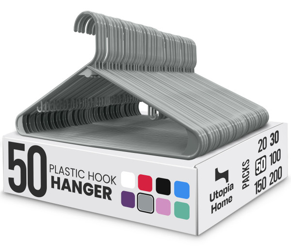 Utopia Home Plastic Hangers 50 Pack - Clothes Hanger with Hooks - Durable & Space Saving (Grey)
