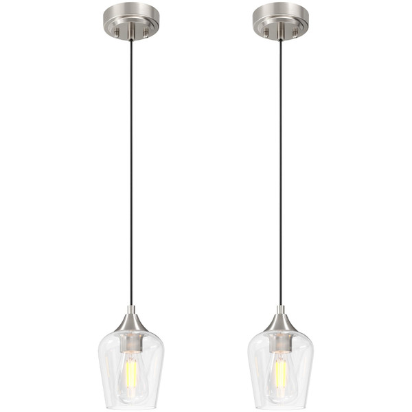VONLUCE 2 Pack Brushed Nickel Pendant Light with E26 Base and Adjustable Cable Modern Pendant Light with Glass Shade for Living Room Bedroom Hallway