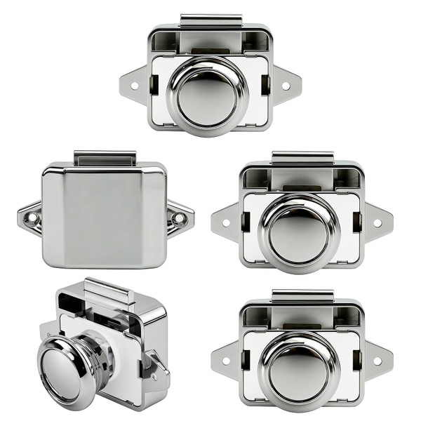 LENKRAD RV Push Button Cabinet Door Lock & Marine Drawer Latches, Boat Cupboard Latch Push-to-Open Locks & Closures for Yachts, Campers, Caravans (Zinc Alloy Chrome & ABS) - 5 Pcs