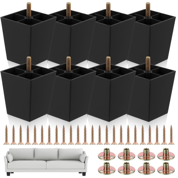 Tobeelec 8 Pack Furniture Legs Plastic Sofa Couch Legs Square Tapered Feet Sofa Legs with M8 T-Nuts Screws for Legs Sofas Chairs Cabinets Dressers Beds, Black (3 Inches)