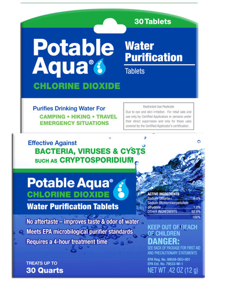 potable aqua Chlorine Dioxide Water Purification Tablets - 30 Count, Blue, (3093)
