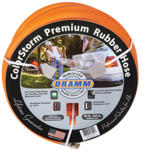 Dramm ColorStorm Premium Rubber Garden Hose – 50 ft Heavy Duty 5/8" Water Hose – Kink Resistant, Crush-Proof Nickel-Plated Couplings – Made in USA - Orange