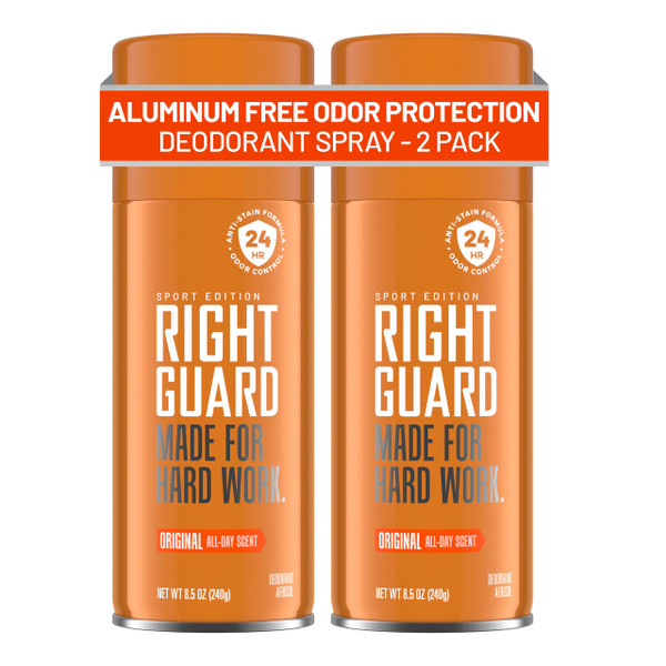 Right Guard Sport Original Scent Deodorant Spray - Aluminum Free Spray Deodorant for Men, 24-Hour Odor Protection, Anti-Stain, & Long-Lasting, 8.5 oz (2 Pack)