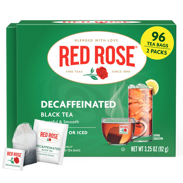Red Rose Decaffeinated Black Tea, Smooth & Flavorful, 48 Tea Bags 2 Pack