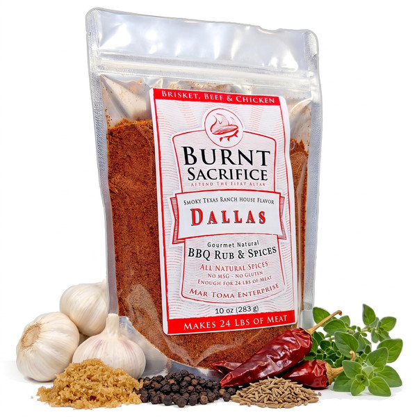 Burnt Sacrifice Dallas Style Gourmet Spicy BBQ Spice Dry Rub Seasonings (10 Ounce Bag Makes Over 24 Lbs) Brisket Roasts Tri tip Chicken Wings Lamb