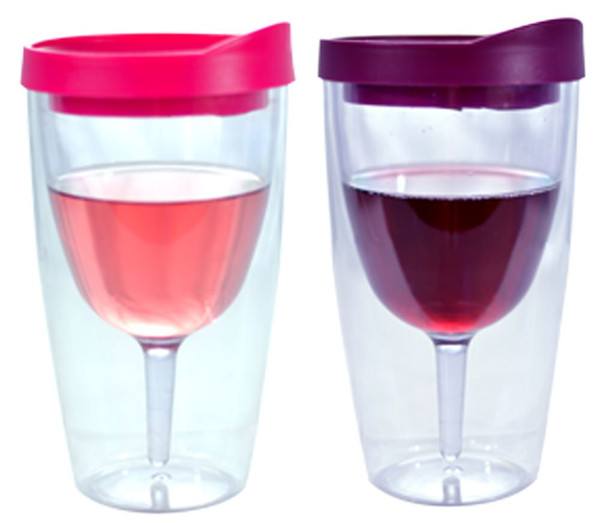 Southern Homewares Red & Pink Lids Wine Tumbler Set – 16oz Insulated Double Wall Acrylic See-Through Cups, 2-Pack Wine 2Go Set
