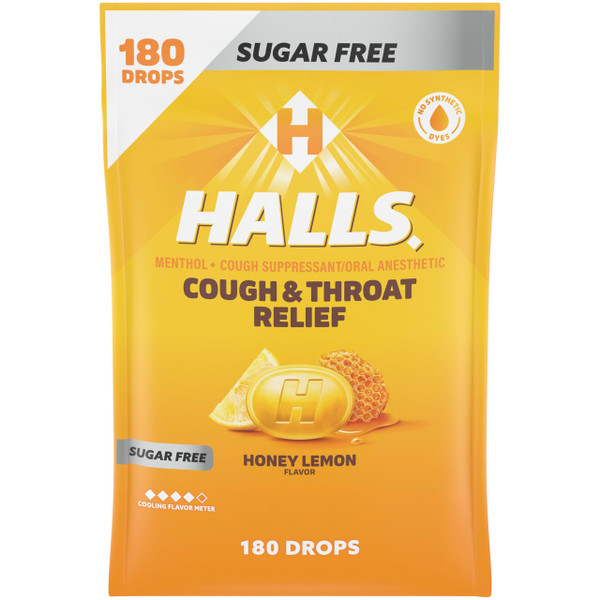 HALLS Cough & Throat Relief Honey Lemon Sugar Free Cough Drops, 180 ct