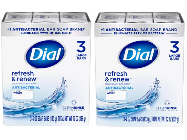 Dial Antibacterial Bar Soap, Refresh & Renew, White, 3-4 OZ Soap Bars - 2 Pack