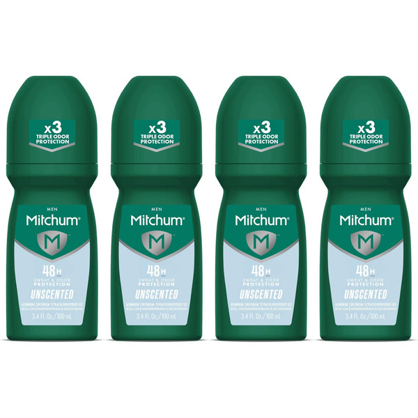 Mitchum Invisible Anti-Perspirant & Deodorant Roll-On, Unscented 3.4 oz (Pack of 4)