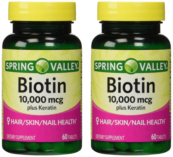 Spring Valley 10000mcg Biotin with 100mg Keratin Dietary Supplement, 60 Count (Pack of 2)