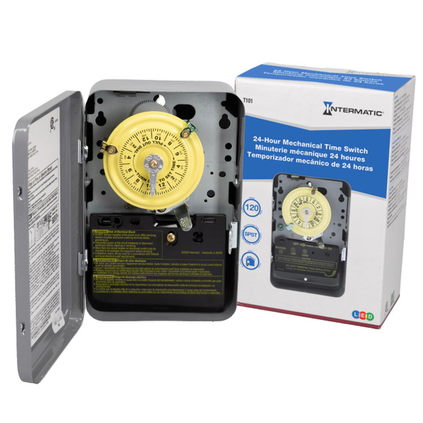 Intermatic T101 24-Hour Mechanical Timer Switch - 120V SPST, Indoor Metal Enclosure, Programmable Light Timer, Heavy Duty, Manual Override, 40 Amp - Ideal for Lights, Pumps, Fans, and HVAC Systems