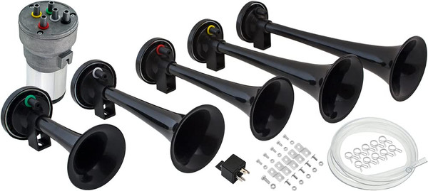 Vixen Horns La Cucaracha Horn Kit, 5-Trumpet Musical Air Horn, Black Complete Musical Horn Kit with Compressor, Loud Sound, for 12V Vehicles Like Truck, Car, Semi, Pickup, SUV, Jeep, VXH6803B