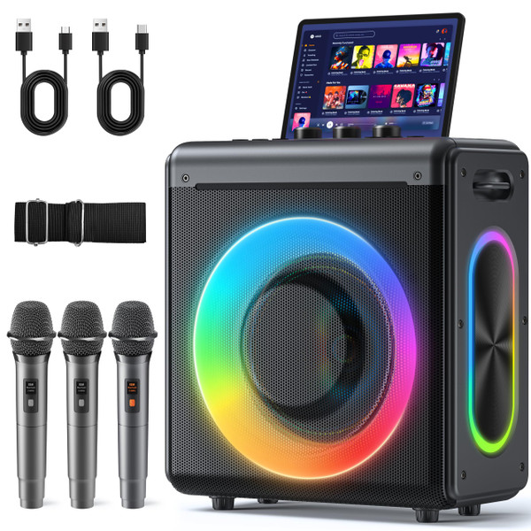 VERKB Karaoke Machine, 3 Wireless Rechargeable Microphones, 200W Speaker
