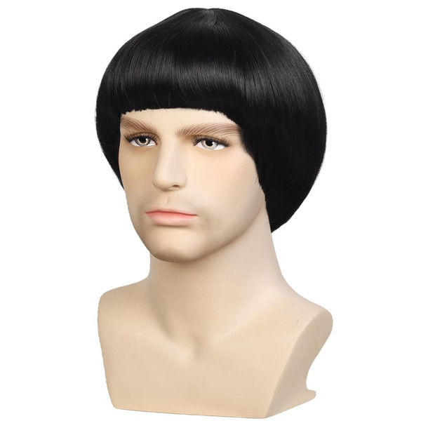 WildCos Short Straight 60s Cosplay wig Bowl Cut Wig Mushroom Bob Costume Wig Halloween Party Wig for Men (Black)