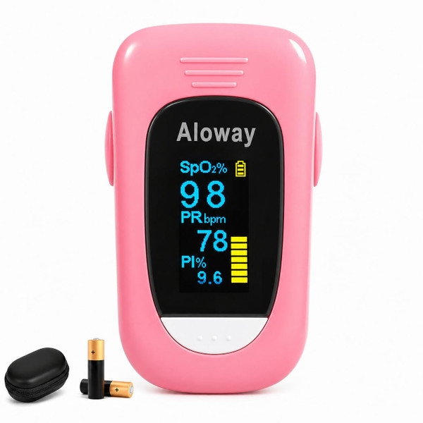 Pulse Oximeter, OLED Display Oxygen Monitor Fingertip with Case, Blood Oxygen Saturation Monitor (SpO2) with Alarm, Batteries & Lanyard (Pink)