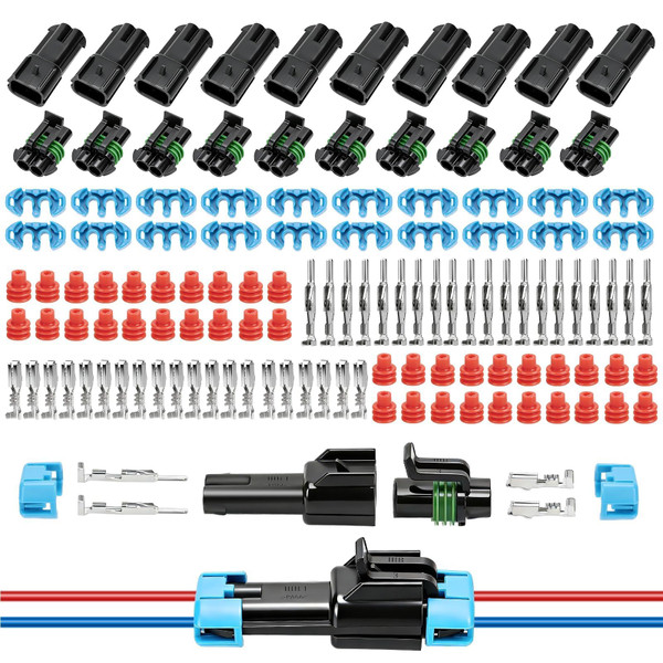 Linkstyle 10 Sets 2 Pin Weather Pack Connectors Kit 14-12 AWG, 2 Wire Waterproof Automotive Electrical Connectors Plug, Male Female Quick Connect/Disconnect wire Splice Kit