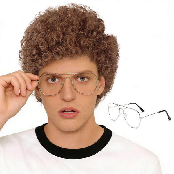 Guree Hair Brown Curly Wig with Glasses for Men's Costume Brown Afro Curly Wig 70s 80s Funny Wigs for Retro Halloween Cosplay Party Use