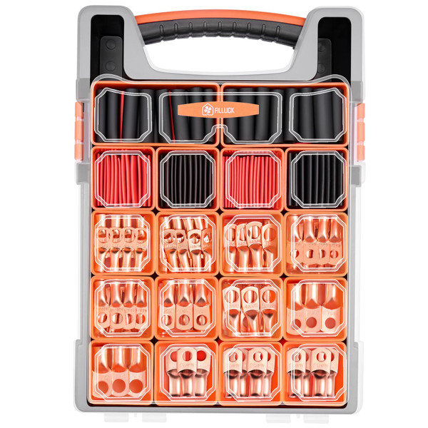 227pcs Battery Cable Ends Kit,AWG 2 4 6 8 1/0 2/0 Gauge,0 Gauge 00 Gauge Heavy Duty Wire lugs, 3/8" Ring Terminal Connectors with 3:1 Heat Shrink Tube & Storage Box