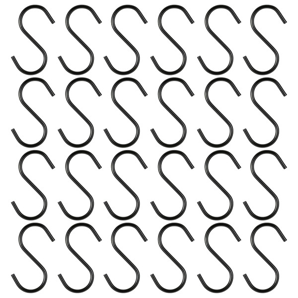 24 Pack 2.2 Inch Black S Hooks for Hanging Heavy Duty S Shaped Stainless Steel Hooks for Ornaments, Plants, Pots, Jewelry, Pans, Cups, Bags, Towels