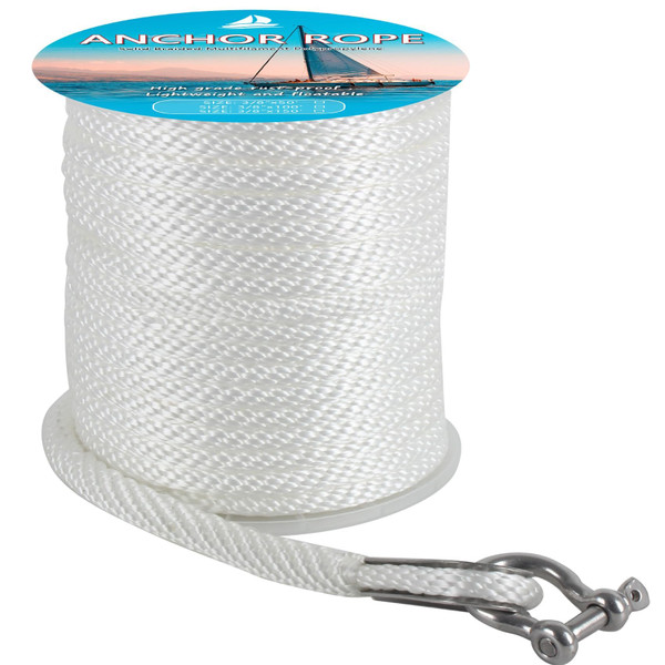 Anchor Rope 50 ft x 1/2 inch, Premium Solid Braid MFP Anchor Line, Boat Anchor Rope with 316 Stainless Steel Thimble & Shackle, White