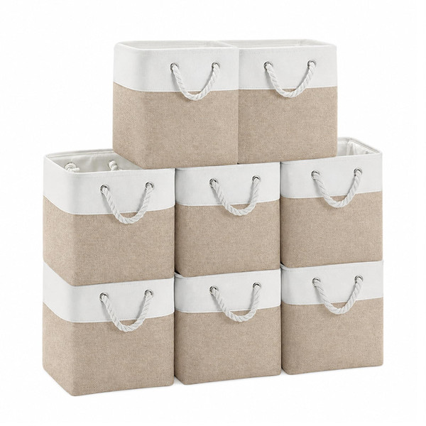 MSHABOOR 11x11 Inch Cube Storage Bins, 8 Pack Collapsible Fabric Storage Cubes with Rope Handles, Waterproof Foldable Storage Baskets for Cube Shelves, Closet, Clothes, Toys, Books, White & Beige Gold