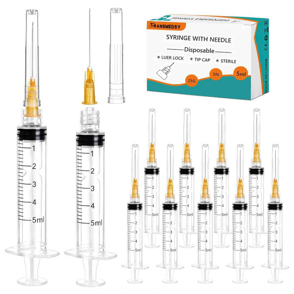 50 Pack 5ml Luer Lock Syringes with 25Ga 1 Inch Needle, Individually Sealed Packed Lab Supplies