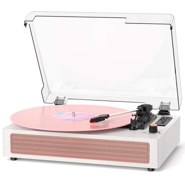 Vinyl Record Player with Speakers, Pink Vintage Bluetooth Record Player with EQ Sound Modes & LED Display, 3-Speed Turntable for Vinyl Records, USB Recording, TF Card Playback, AUX & RCA Output