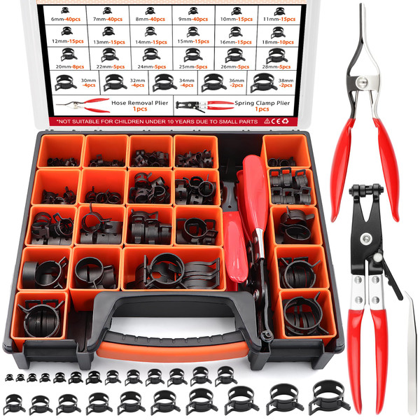 324Pcs 65Mn Steel Spring Band Hose Clamp Kit - 23 Sizes (6-38mm) Constant Tension Pipe Clip with Swivel Jaw & Hose Removal Pliers, Tweezers for Fuel Line, Coolant, Vacuum, Silicone Hoses & Air Tube ﻿