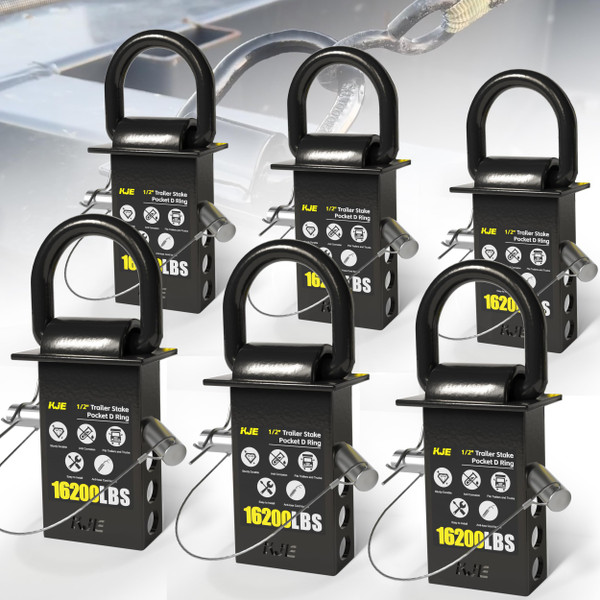 KJE 1/2" Heavy-Duty Stake Pocket D-Ring Anchors |16,200 lbs Breaking Load | Adjustable Tie-Down with Anti-Loss Cord |Reliable Tie-Downs for Flatbed Trucks & Trailers (6-Pack)