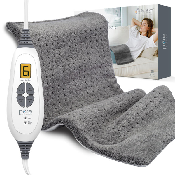 Pure Enrichment® PureRelief® XL Heating Pad - 12" x 24" Electric Heating Pad for Back Pain & Cramps, 6 Heat Settings, Soft Machine Wash Fabric, Auto-Off & Moist Heat (Charcoal Gray)