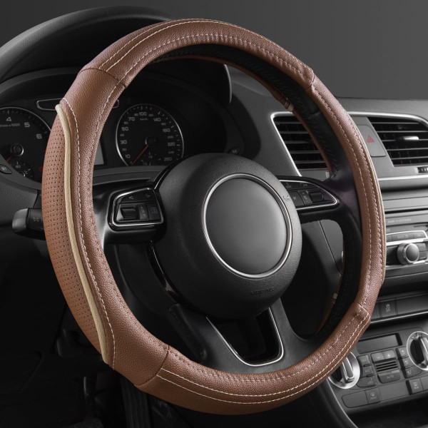 CAR PASS Brown Delux Leather Steering Wheel Cover, Universal Fit for Suvs,Sedans,Vans,Small Trucks for 14.5" to 15"(Brown & Beige Piping)