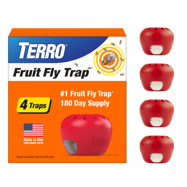 TERRO Fruit Fly Trap 4-Pack, 180 Day Lure Supply, Food-Based Lure