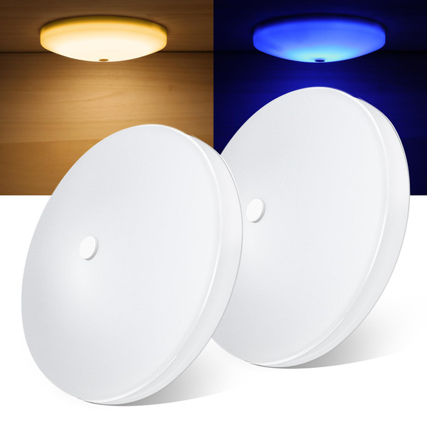 Obeaming 2 Pack RV Interior Ceiling Dome Light 4.5 Inch, Press Dimmer Switch & Blue Nightlight,12V Dimmable Puck Light for Motorhome Trailer Fifth Wheel Truck Coach Enclosed Trailer(3000K)