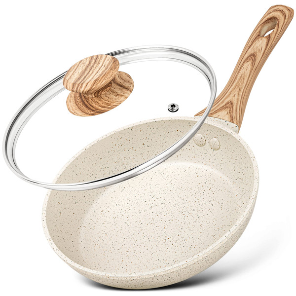 MICHELANGELO Small Frying Pan with Lid, 8 Inch Frying Pan Nonstick with Non-Toxic Coating, Granite Egg Pan with Anti-Scald Handle, Small Pan, White
