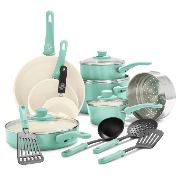 GreenLife 16 Piece Ceramic Nonstick Pots & Pans Cookware Set, Turquoise