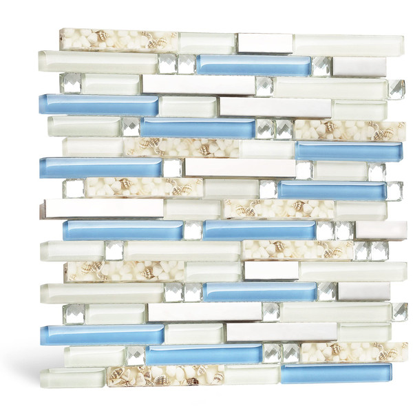 Blujellyfish Beach Style Tile Real Seashell Inside Blue Cream White Brushed Steel Art Mosaic Kitchen Backsplash Bath Decor (Pack of 5 Sheets)