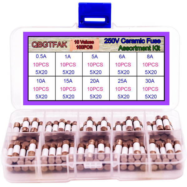 QBGTFAK 100pcs Quick Blow Ceramic Tube Fuse Assorted Kit Amp 250V 0.5A 1A 5A 6A 8A 10A 15A 20A 25A 30A 5x20mm (Ceramic Fuse 5x20mm)