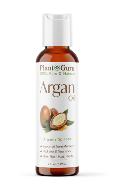 Plant Guru Argan Oil 2 fl. oz. Morocco Virgin, Cold Pressed 100% Pure Natural - Stimulates Hair Growth, Skin, Face And Body Moisturizer.