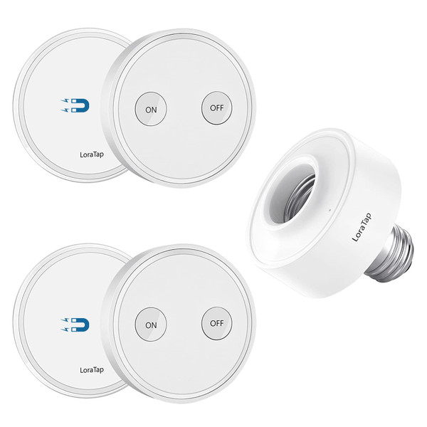LoraTap Wireless Remote Control E26 Light Socket Adapter with 2 Remotes, 915MHz 656ft Range On Off Switch for LED Bulb and Fixture, 2 Years Warranty (2 Wall Switches + 1 LED Lamp Holder)
