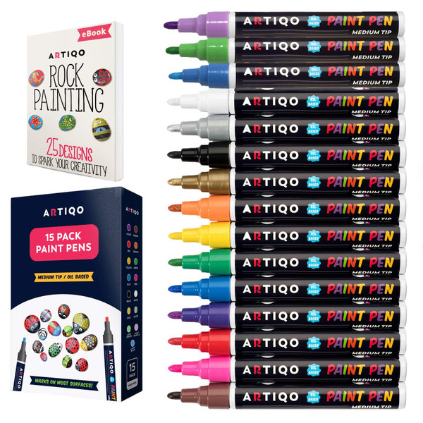 ARTIQO Paint pens for rock painting - Wood, Glass, Metal and Ceramic Works on almost all surfaces set of 15 Vibrant Medium tip Oil Paint Marker Pens, Quick Dry, Water Resistant