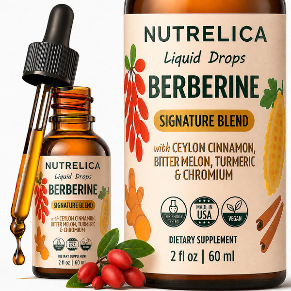 Berberine Complex with Ceylon Cinnamon, Bitter Melon, Turmeric & Chromium -1200mg - Liquid Herbal Supplement - Vegan, No Sugar, Non-GMO