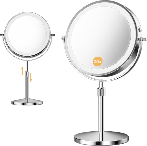 tubbede 9 Inch Double-Sided Makeup Mirror, 1X/30X, 3 LED Lights, 5000mAh