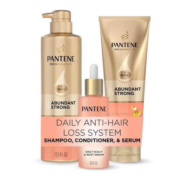 Pantene Abundant & Strong 3-Piece Regimen with B5 Complex + Niacinamide, Shampoo (13.5 oz), Conditioner (8 oz), Serum (2 oz) for Hair Loss, Thinning, Anti-Breakage, Volume - Grows Healthier